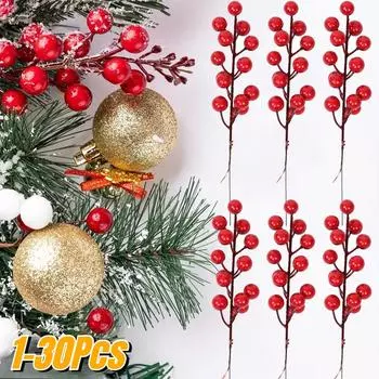 Искусственные красные ягодные стебли Рождественские красные ягодные палочки Ветка падуба для украшения рождественской елки Поделки из венков своими руками 1PC