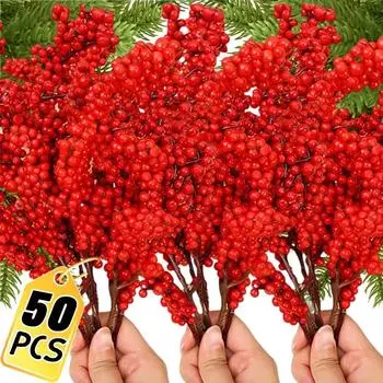 Искусственные красные ягоды стебли искусственный цветок имитация рождественский красный падуб ягода ветка DIY венок рождественская вечеринка украшение домашнего стола 1pcs