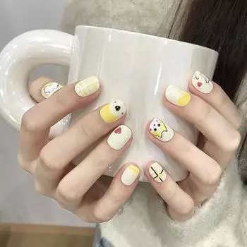 Искусственные ногти, милая собака корги, забавные желтые короткие ногти для фототерапии, накладные ногти, многоразовые и съемные ногти XS