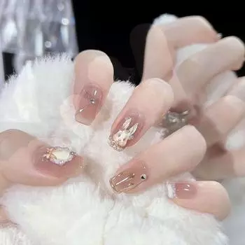 Искусственные ногти ручной работы 2023 Кролик в стиле рококо, фототерапевтические ногти, многоразовые и съемные ногти 1pcs Transparent jelly gl