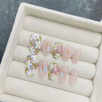 Искусственные ногти ручной работы, 3D нарисованные вручную цветы магнолии, свежие ногти для фототерапии, накладные ногти, многоразовые и съемные ногти XS