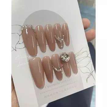 Искусственные ногти ручной работы цвета лотоса, зеркальное ожерелье с кристаллами, фототерапевтические ногти, накладные ногти, многоразовые и съемные ногти XS