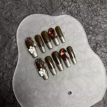 Искусственные ногти ручной работы, длинные, французский кошачий глаз, карамельный янтарный, ногти для фототерапии, накладные ногти, многоразовые и съемные ногти XS