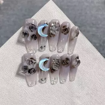 Искусственные ногти ручной работы, длинные измельченные ледяные голубые лунные ногти для фототерапии, накладные ногти, многоразовые и съемные ногти XS