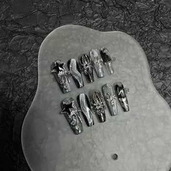 Искусственные ногти РУЧНОЙ РАБОТЫ Длинные трапеции Черный драгоценный камень Звезда Галактика Черно-серый стиль Ногти для фототерапии Накладные ногти Многоразовые и съемные ногти XS