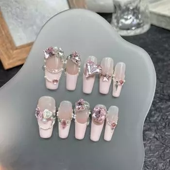 Искусственные ногти РУЧНОЙ РАБОТЫ Длинные трапеции Страстная любовь Алмаз Розовый Отбеливание ногтей для фототерапии Накладные ногти Многоразовые и съемные ногти XS