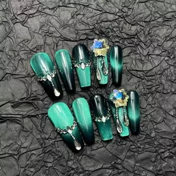 Искусственные ногти ручной работы, длинные, зеленые, кошачий глаз, бриллиантовая подвеска, ногти для фототерапии, накладные ногти, многоразовые и съемные ногти XS