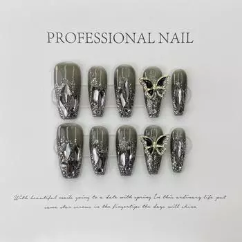 Искусственные ногти ручной работы для фототерапии, белые, цветные пистолеты, бриллиантовые бабочки, панк, продвинутые, Spice Girl, милые, крутые, съемные XS