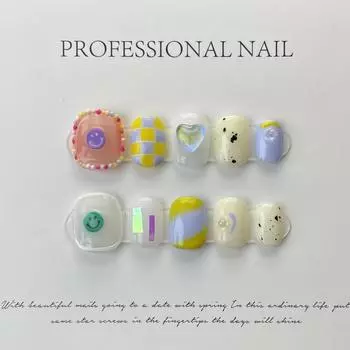 Искусственные ногти ручной работы для фототерапии, летние милые улыбающиеся носимые ногти, готовый продукт, многоразовые и съемные XS