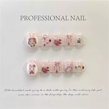Искусственные ногти ручной работы для фототерапии, мультяшные милые клубничные кролики в стиле рококо в доспехах, готовый продукт, многоразовые и съемные XS