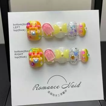 Искусственные ногти ручной работы для фототерапии, ногти для девочек, милый мультфильм, ношение готовых изделий для ногтей, многоразовые и съемные XS