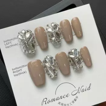 Искусственные ногти РУЧНОЙ РАБОТЫ Драгоценные камни молочно-кофейного цвета, украшенные блестящими грудами бриллиантов. Ногти для фототерапии. Многоразовые и съемные ногти. 1pc extra tool kit
