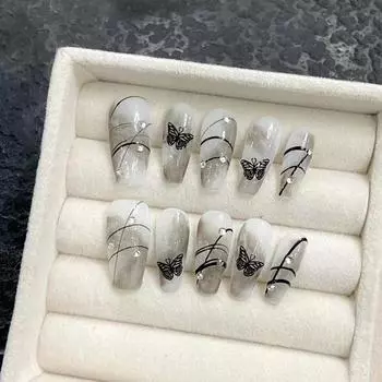 Искусственные ногти ручной работы Dream Black Butterfly Smudge Фототерапевтические ногти Накладные ногти Многоразовые и съемные ногти XS