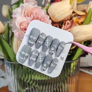 Искусственные ногти ручной работы, глазированные, пыльно-серые, в китайском стиле, с пуговицами, алмазные ногти для фототерапии, накладные ногти, многоразовые и съемные ногти XS