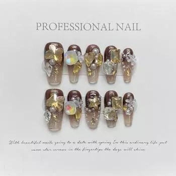 Искусственные ногти ручной работы Карамельные полные бриллианты Янтарное пятно Роскошное сердце с бриллиантами Осенние ногти для фототерапии Многоразовые и съемные ногти XS