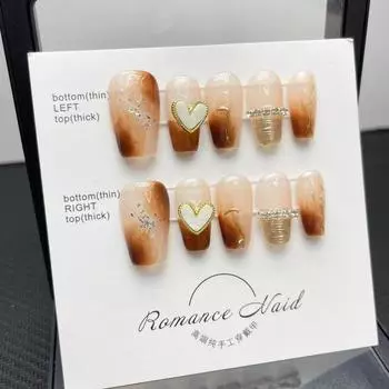 Искусственные ногти ручной работы кофейного цвета с размазанным сусальным золотом в форме сердца для фототерапии, многоразовые и съемные ногти XS