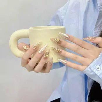 Искусственные ногти ручной работы, легкие, роскошные, золотистые, кристальные, миндальные, фототерапевтические ногти, шампанское, золото и серебро, накладные ногти в форме сердца, многоразовые и съемные XS