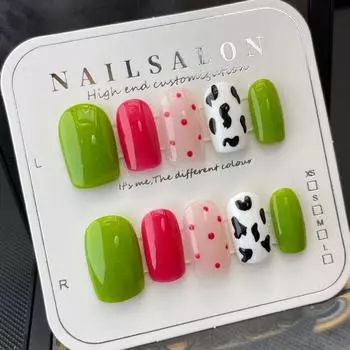 Искусственные ногти ручной работы, летние забавные цветные ногти, милые зеленые ногти для фототерапии с изображением коровы, многоразовые и съемные ногти 1pc extra tool kit