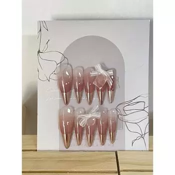 Искусственные ногти ручной работы, миндальный градиент, французский прозрачный бант, ногти для фототерапии, накладные ногти, многоразовые и съемные ногти XS