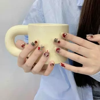 Искусственные ногти ручной работы, нежные красные ногти с бантом для невесты, милые короткие стильные ногти для фототерапии, накладные ногти, многоразовые и съемные ногти XS