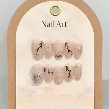 Искусственные ногти РУЧНОЙ РАБОТЫ Оригинальная акация Красная фасоль Ручная роспись кошачий глаз Весна Лето Набор накладных ногтей с клеем Многоразовый и съемный пресс для ногтей XS