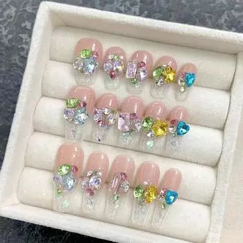 Искусственные ногти ручной работы Pandora Color Diamond Candy Soda Набор накладных ногтей высокого качества с клеем Многоразовый и съемный пресс на ногтях XS