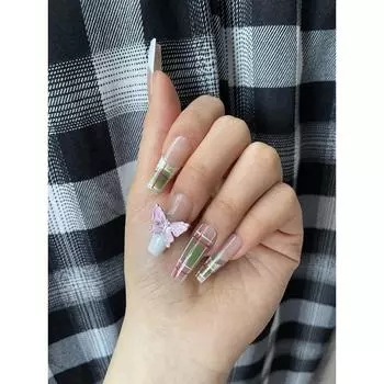 Искусственные ногти ручной работы, плед из сплава, розовая бабочка, длинные трапециевидные ногти для фототерапии, накладные ногти, многоразовые и съемные ногти XS