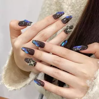 Искусственные ногти ручной работы, полупрозрачные черные кристаллы Авроры, мигающие ногти для фототерапии, накладные ногти, многоразовые и съемные ногти XS