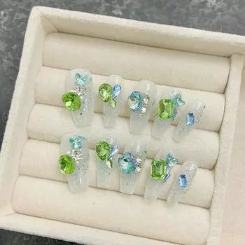 Искусственные ногти ручной работы Qingti Green Full Diamond Gemstone Фототерапевтические ногти Накладные ногти Многоразовые и съемные ногти XS