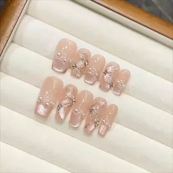 Искусственные ногти ручной работы Романтические балетные кошачьи глаза с жемчужной лентой Ногти для фототерапии Накладные ногти Многоразовые и съемные ногти XS