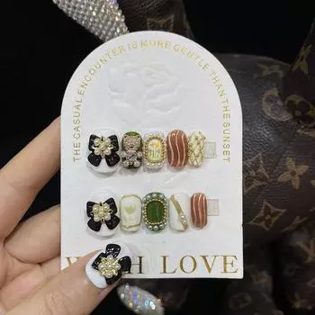 Искусственные ногти ручной работы с 3D бантом и медведем в стиле ретро в стиле барокко, фототерапевтические ногти, многоразовые и съемные ногти 1pc extra tool kit