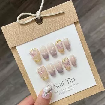 Искусственные ногти ручной работы с бабочкой и фиолетовым градиентом для фототерапии, многоразовые и съемные ногти Long Trapezoid-XS