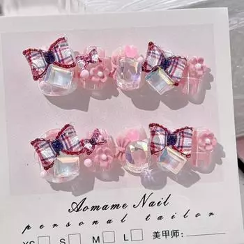 Искусственные ногти ручной работы с бантом в клетку 3D, глянцевые, милые, короткие, для фототерапии, накладные ногти, многоразовые и съемные ногти XS