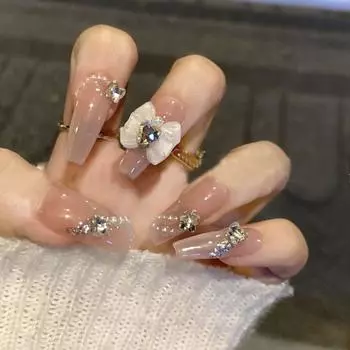 Искусственные ногти ручной работы с бриллиантами и милыми фототерапевтическими ногтями, многоразовые и съемные ногти XS