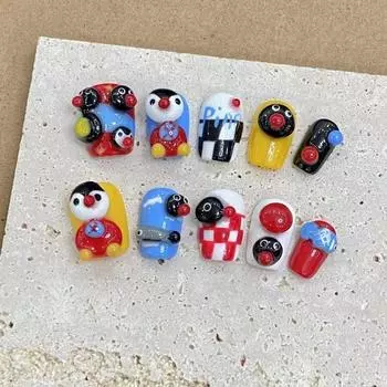 Искусственные ногти ручной работы с изображением пингвина, пузыря, мультяшного милого набора накладных ногтей с клеем, многоразовый и съемный пресс на ногтях XS