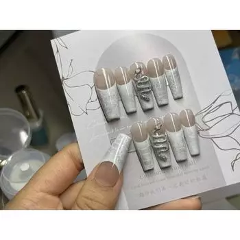 Искусственные ногти ручной работы с рисунком белой змеи и серебряной змеи Y2K Фототерапевтические ногти Накладные ногти Многоразовые и съемные ногти XS