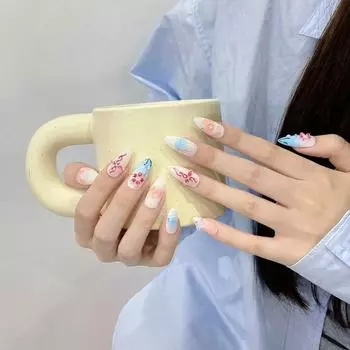 Искусственные ногти ручной работы с рисунком «Подводный мир» в стиле ретро, синие ногти для фототерапии, накладные ногти, многоразовые и съемные ногти XS