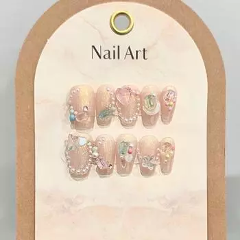 Искусственные ногти ручной работы с жемчугом и кристаллами, милый набор накладных ногтей с девчачьим сердцем и клеем, многоразовый и съемный пресс на ногтях XS