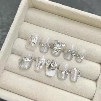 Искусственные ногти ручной работы, серебряные кошачьи глаза, кристаллы и бриллианты, фототерапевтические ногти, накладные ногти, многоразовые и съемные ногти XS