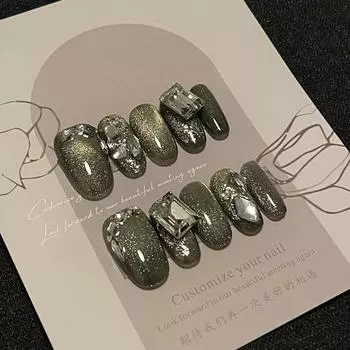 Искусственные ногти ручной работы Серебряные ногти с эффектом кошачьего глаза и бриллиантами для фототерапии Накладные ногти Многоразовые и съемные ногти XS