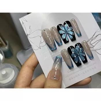 Искусственные ногти ручной работы, синие облака, светоотдача, лепестки, жемчуг, ногти для фототерапии, накладные ногти, многоразовые и съемные ногти XS