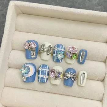 Искусственные ногти ручной работы, синие, тяжелая промышленность, кристальная луна, короткие ногти для фототерапии, накладные ногти, многоразовые и съемные ногти XS