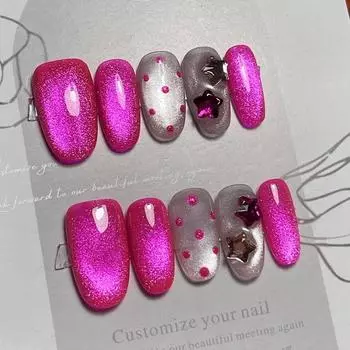 Искусственные ногти ручной работы, средние круглые, розово-красные, звездные, кошачий глаз, фототерапевтические ногти, накладные ногти, многоразовые и съемные ногти XS