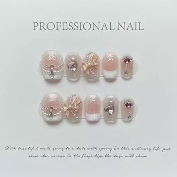 Искусственные ногти ручной работы, телесные румяна с бантом, вспышка, принцесса, милая, фототерапевтические ногти, многоразовые и съемные ногти XS