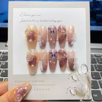 Искусственные ногти ручной работы в елизаветинском стиле Камелия Бабочка Фототерапевтические ногти Накладные ногти Многоразовые и съемные ногти XS