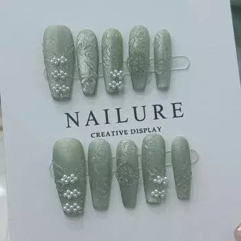 Искусственные ногти ручной работы в китайском стиле, селадон, шелковые ципао, фототерапевтические ногти, накладные ногти, многоразовые и съемные ногти XS