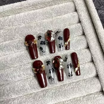 Искусственные ногти ручной работы вишневого цвета в китайском стиле, цветущие ногти для фототерапии, накладные ногти, многоразовые и съемные ногти XS