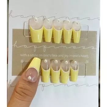 Искусственные ногти ручной работы, желтые, прозрачные, жемчужные, длинные, трапециевидные, ногти для фототерапии, накладные ногти, многоразовые и съемные ногти XS