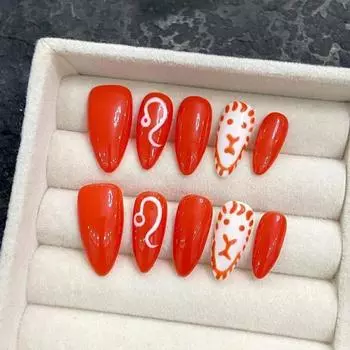 Искусственные ногти ручной работы Знак зодиака - Лев Миндаль Раскрашенные вручную красные ногти для фототерапии Накладные ногти Многоразовые и съемные ногти XS