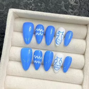 Искусственные ногти РУЧНОЙ РАБОТЫ Знак зодиака - Водолей Миндаль Ручная роспись синих ногтей для фототерапии Накладные ногти Многоразовые и съемные ногти XS